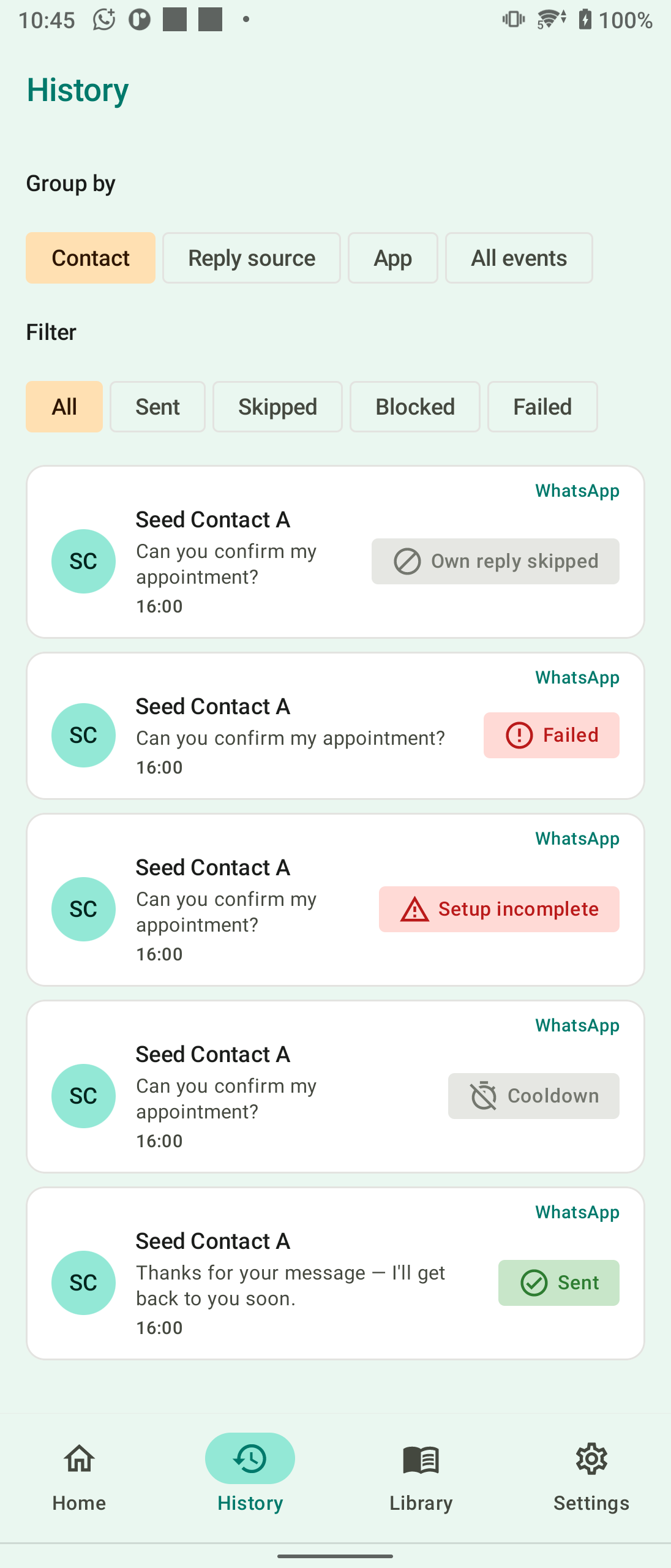 Auto Reply Ping History showing reply delivery outcomes