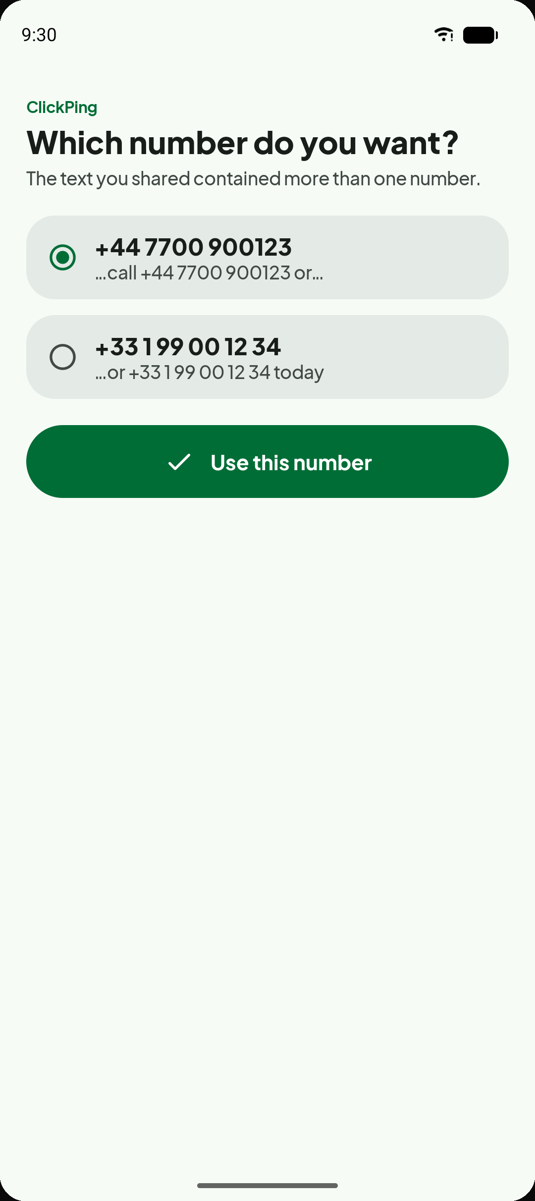 ClickPing number-resolution screen prompting the user to choose between two matching phone numbers found in shared text