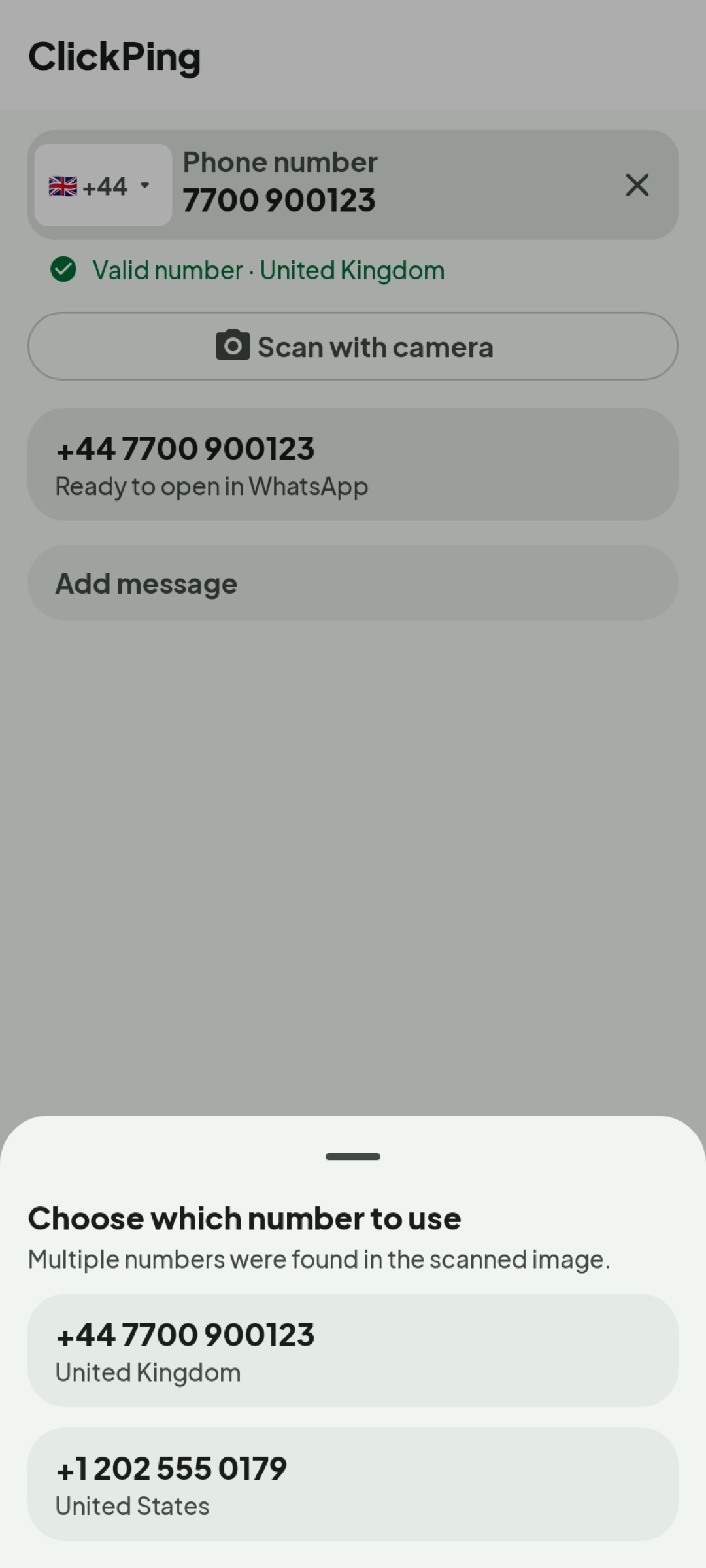 ClickPing after a camera scan, asking which of two phone numbers found in the scanned image to use
