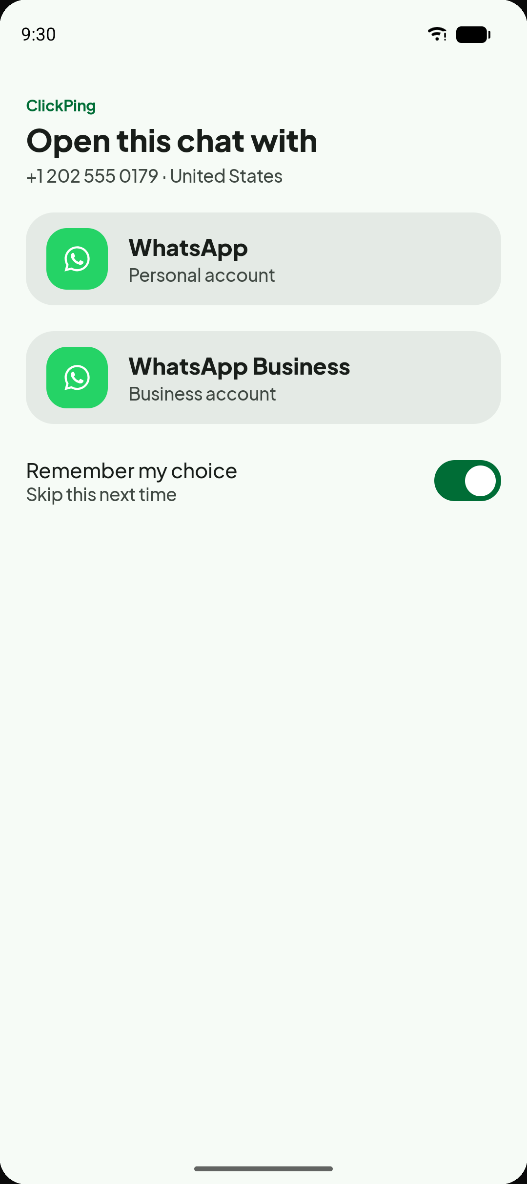 ClickPing picker screen showing a choice between WhatsApp Personal and WhatsApp Business for the same number