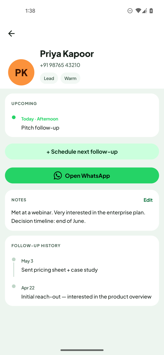 LeadPing lead detail with scheduling and Open WhatsApp action