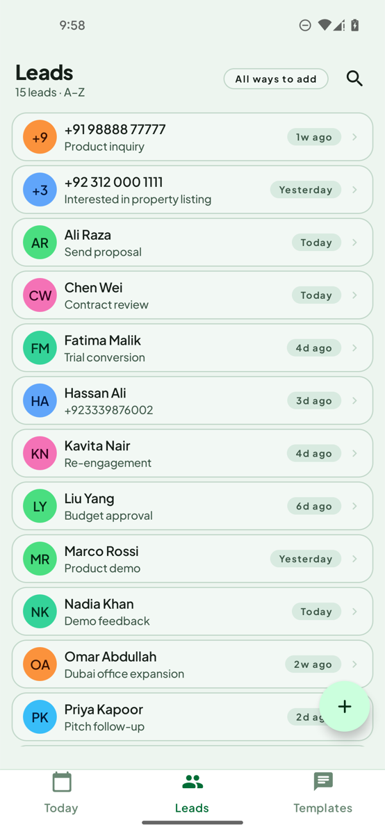 LeadPing Leads list showing saved warm WhatsApp leads