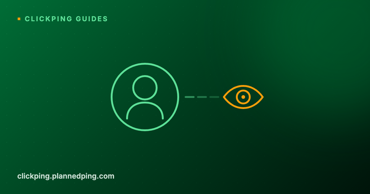 Flat illustration of a circular profile-photo frame containing a portrait silhouette, with an open amber eye looking at it through a dashed viewing line, on a dark green cover captioned CLICKPING GUIDES with the wordmark clickping.plannedping.com