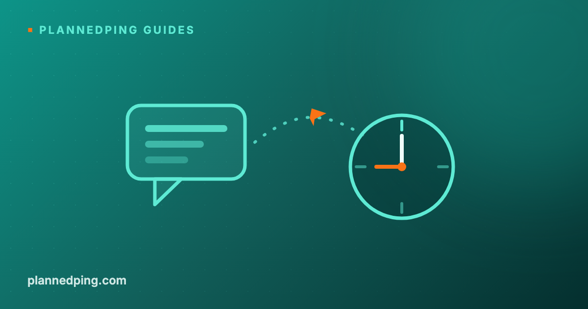 Illustration of a chat message travelling along a dotted path toward a clock