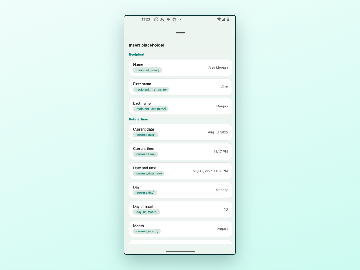 An Insert placeholder sheet with a Recipient group listing Name, First name and Last name, and a Date and time group listing Current date, Current time, Date and time, Day, Day of month and Month, each row showing its token and the value it would resolve to right now