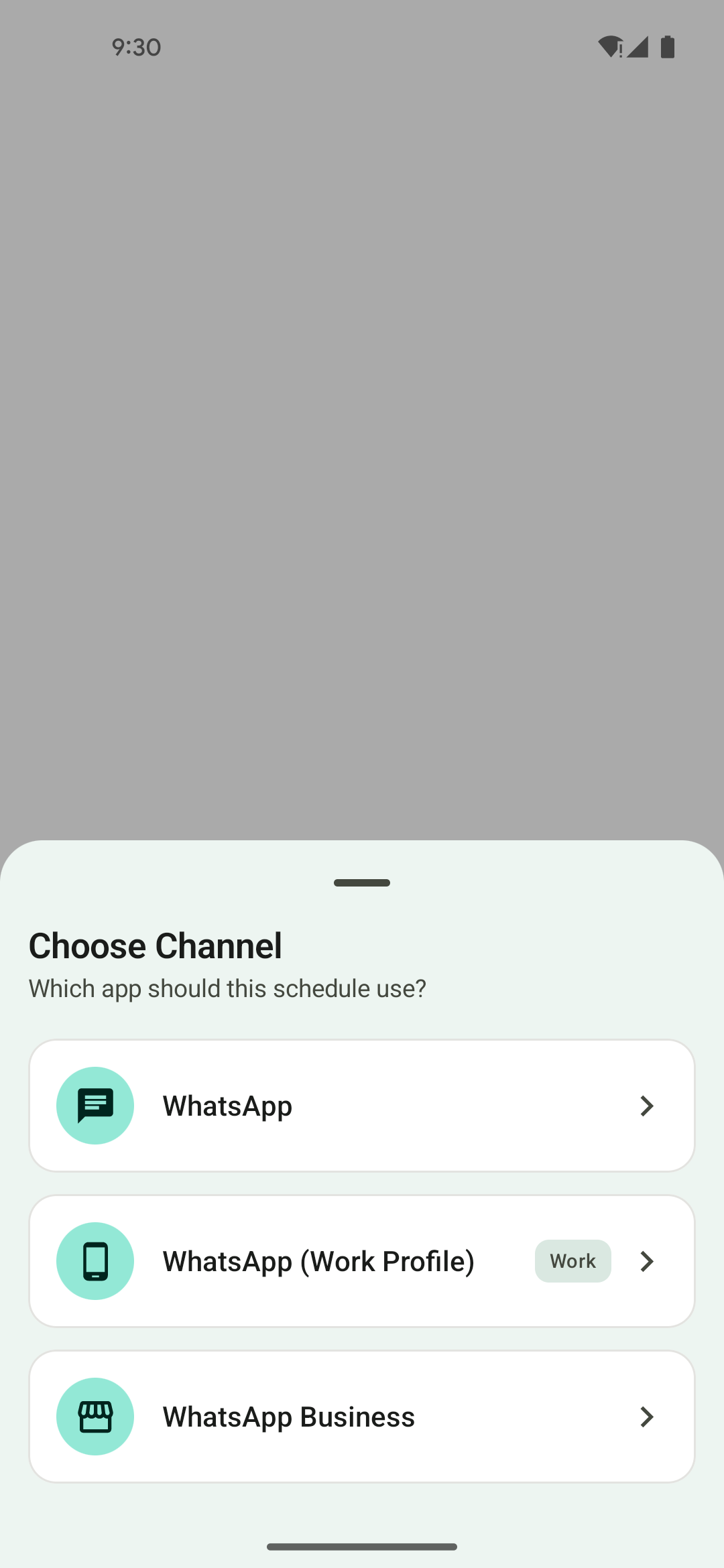Channel picker showing WhatsApp and WhatsApp Business options