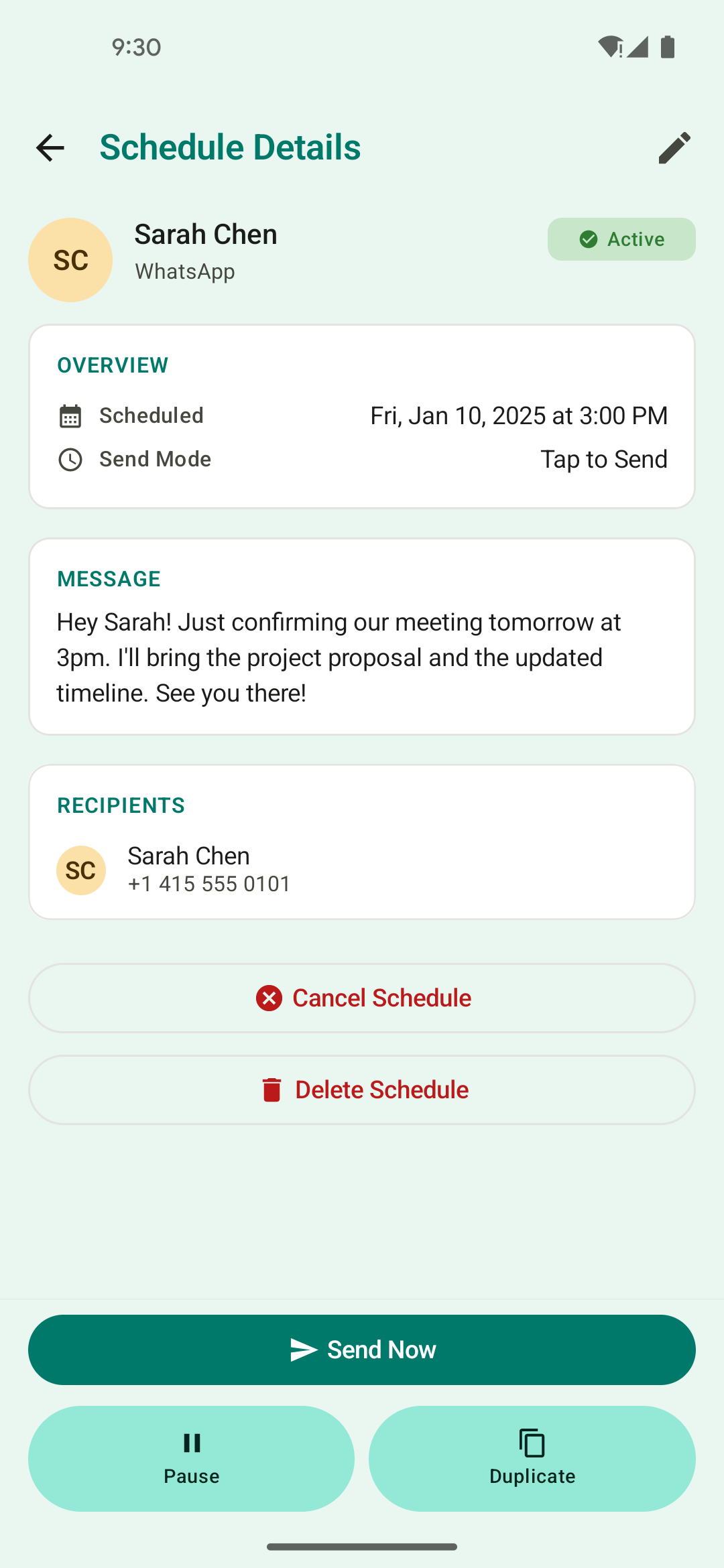 Schedule detail view showing message content, recipient, and send options